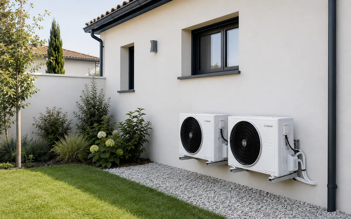 dimensionnement-pompe-chaleur-unites-exterieures Deux unités extérieures Bosch installées sur une façade avec un accès dégagé