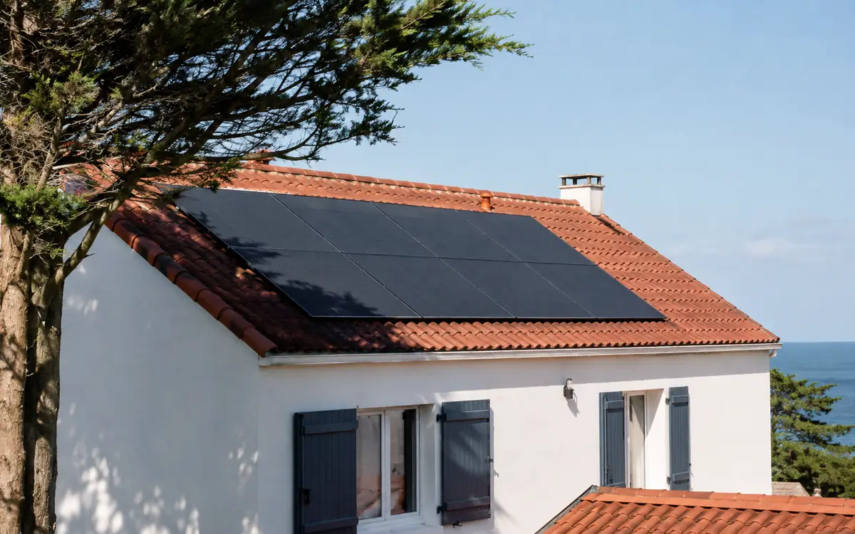 panneaux-solaires-ombres-toiture Panneaux solaires sur une toiture en tuiles avec l’ombre partielle d’un arbre voisin