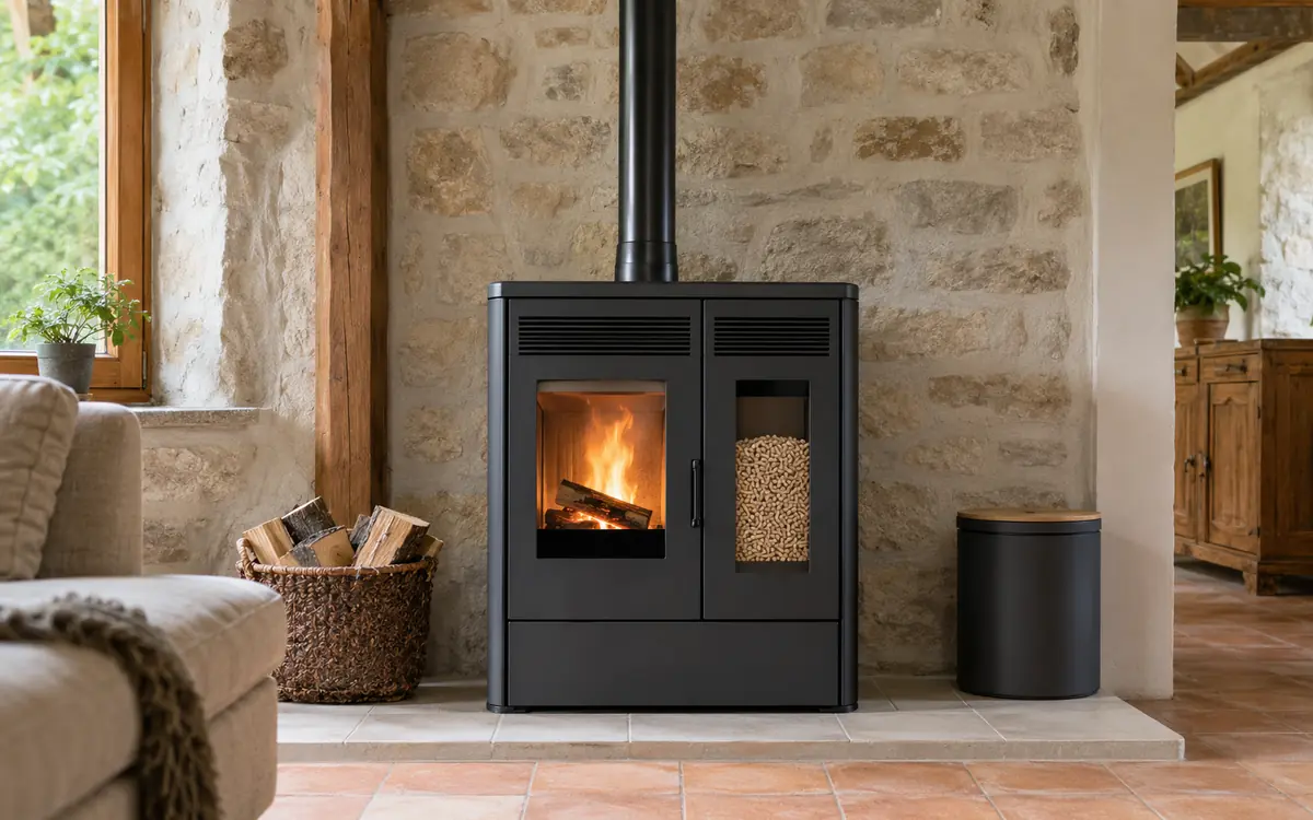 poele-mixte-bois-granules Poêle mixte avec foyer à bois et compartiment pour granulés installé sur un sol carrelé